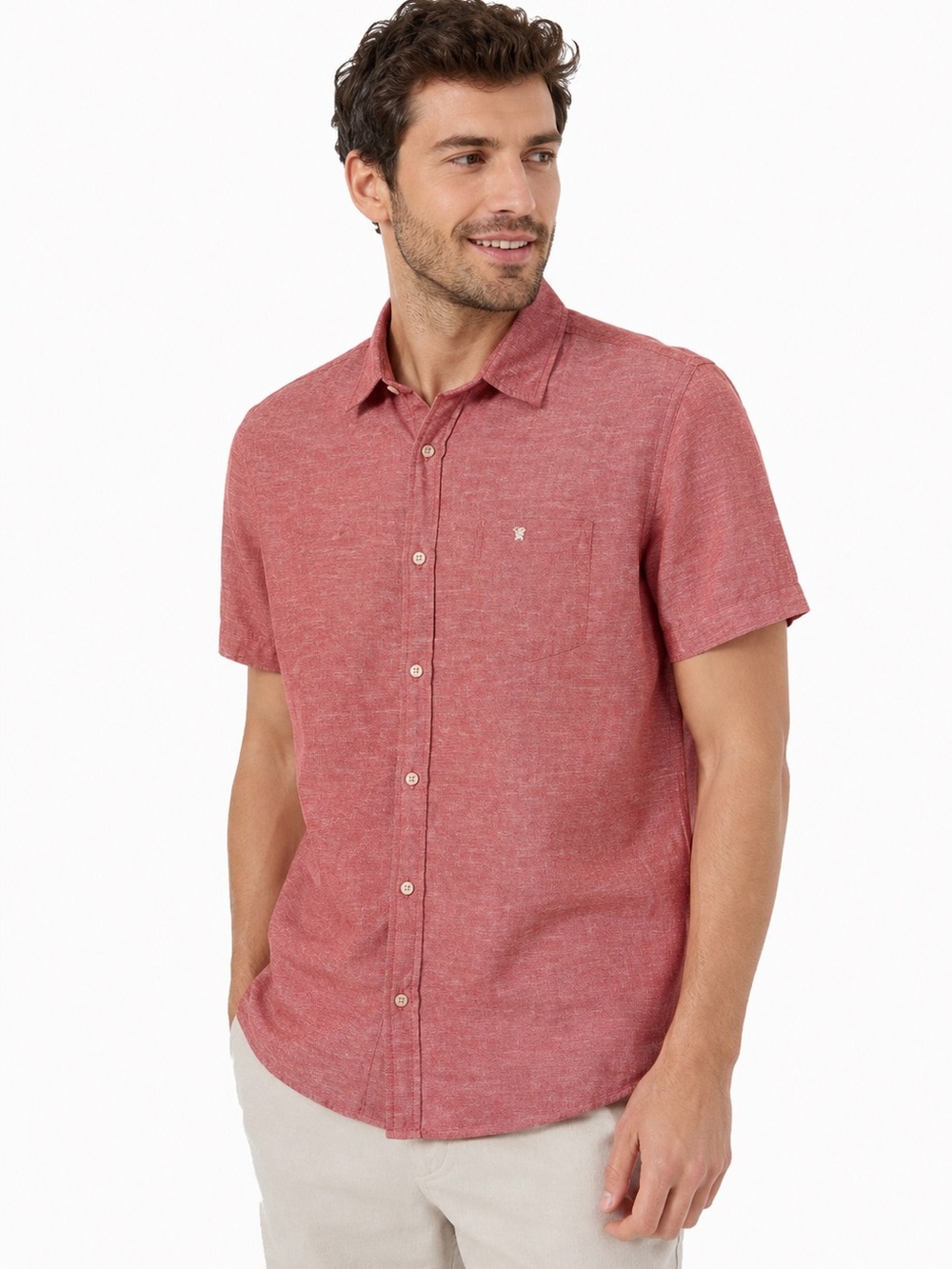 Fat Face Men’s Linen Blend Button Down Shirt Small Coral Summer Beach Casual